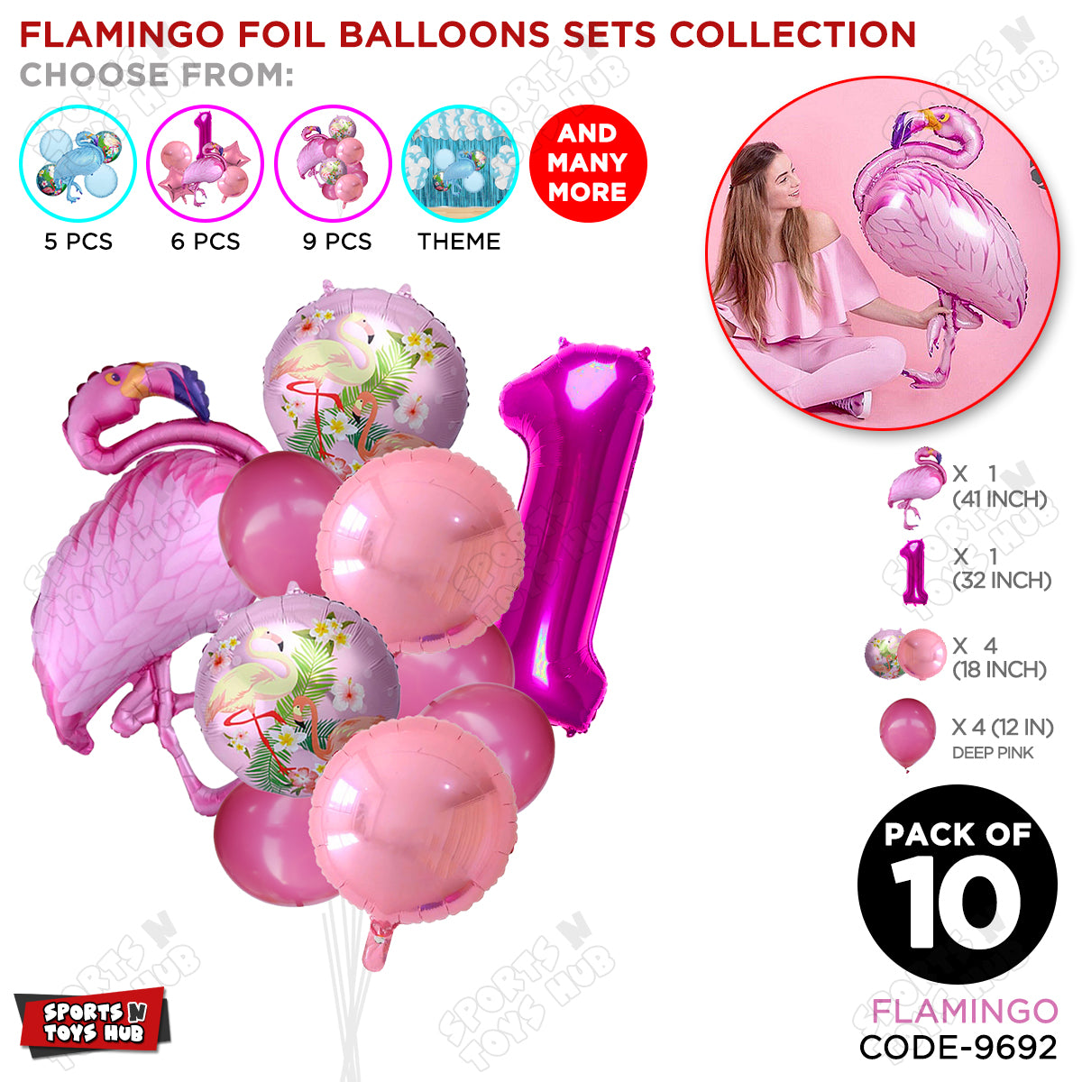 Flamingo Bird Pack Of 10 Pink Color Foil Balloon Set