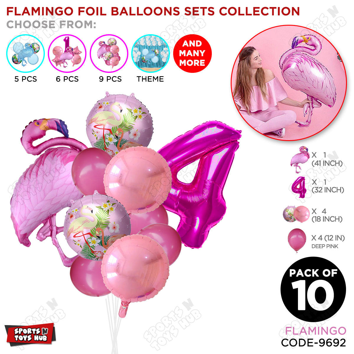 Flamingo Bird Pack Of 10 Pink Color Foil Balloon Set