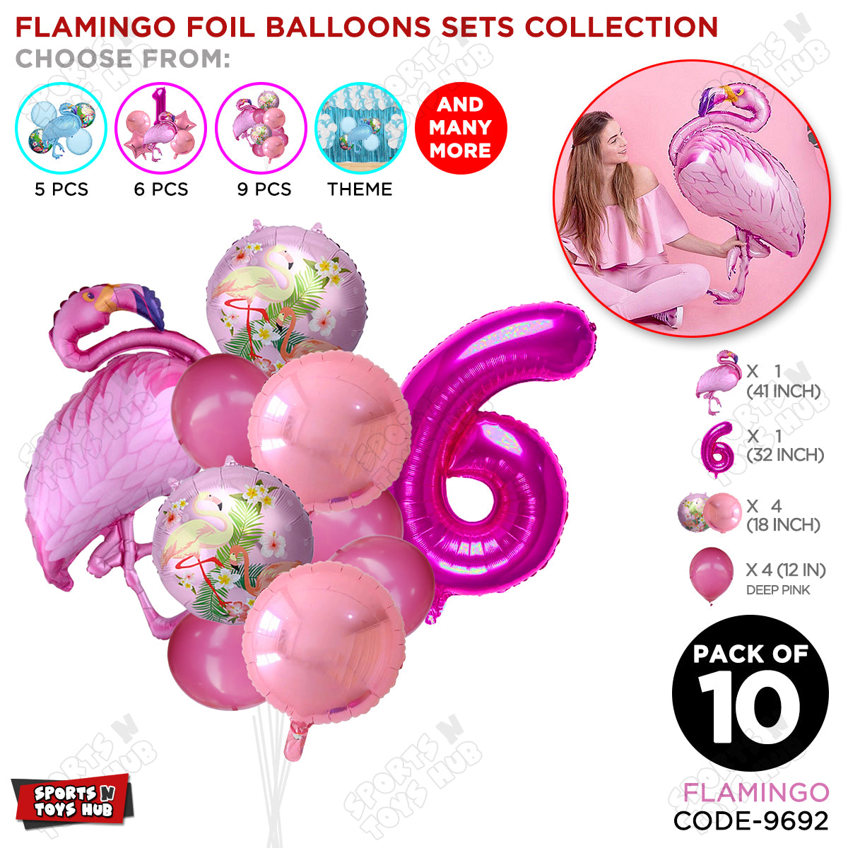 Flamingo Bird Pack Of 10 Pink Color Foil Balloon Set