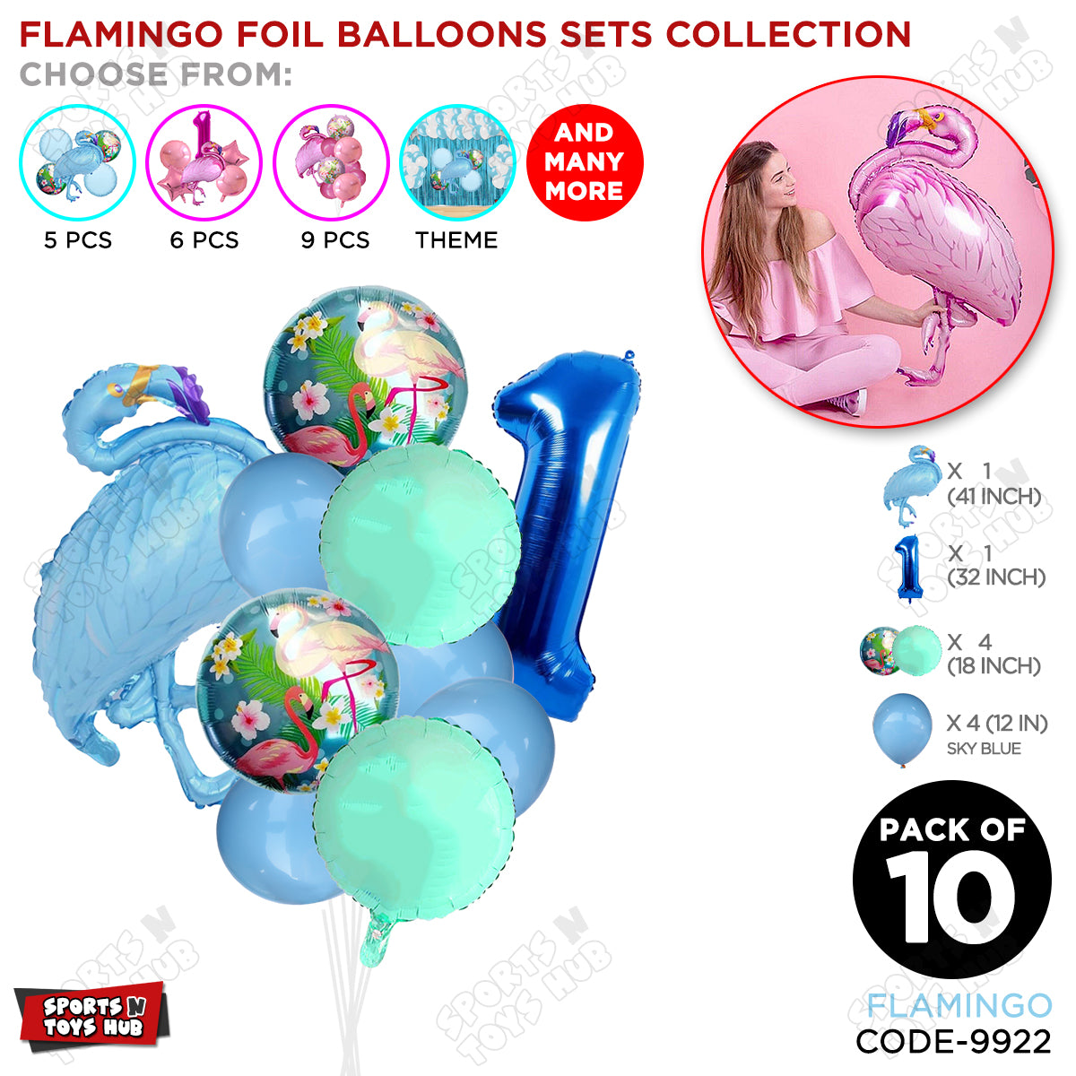 Flamingo Bird Pack Of 10 Blue Color Foil Balloon Set