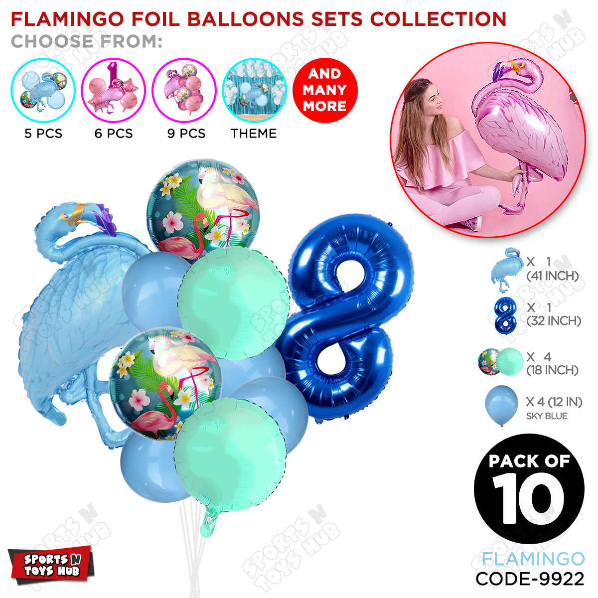 Flamingo Bird Pack Of 10 Blue Color Foil Balloon Set