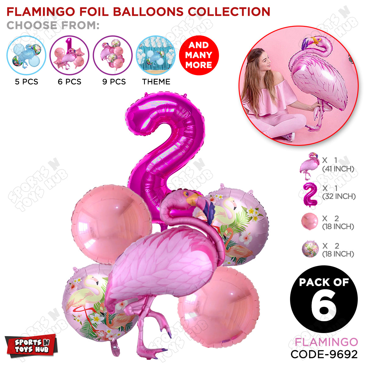 Flamingo Pack Of 6 Pink Color Foil Balloon Set