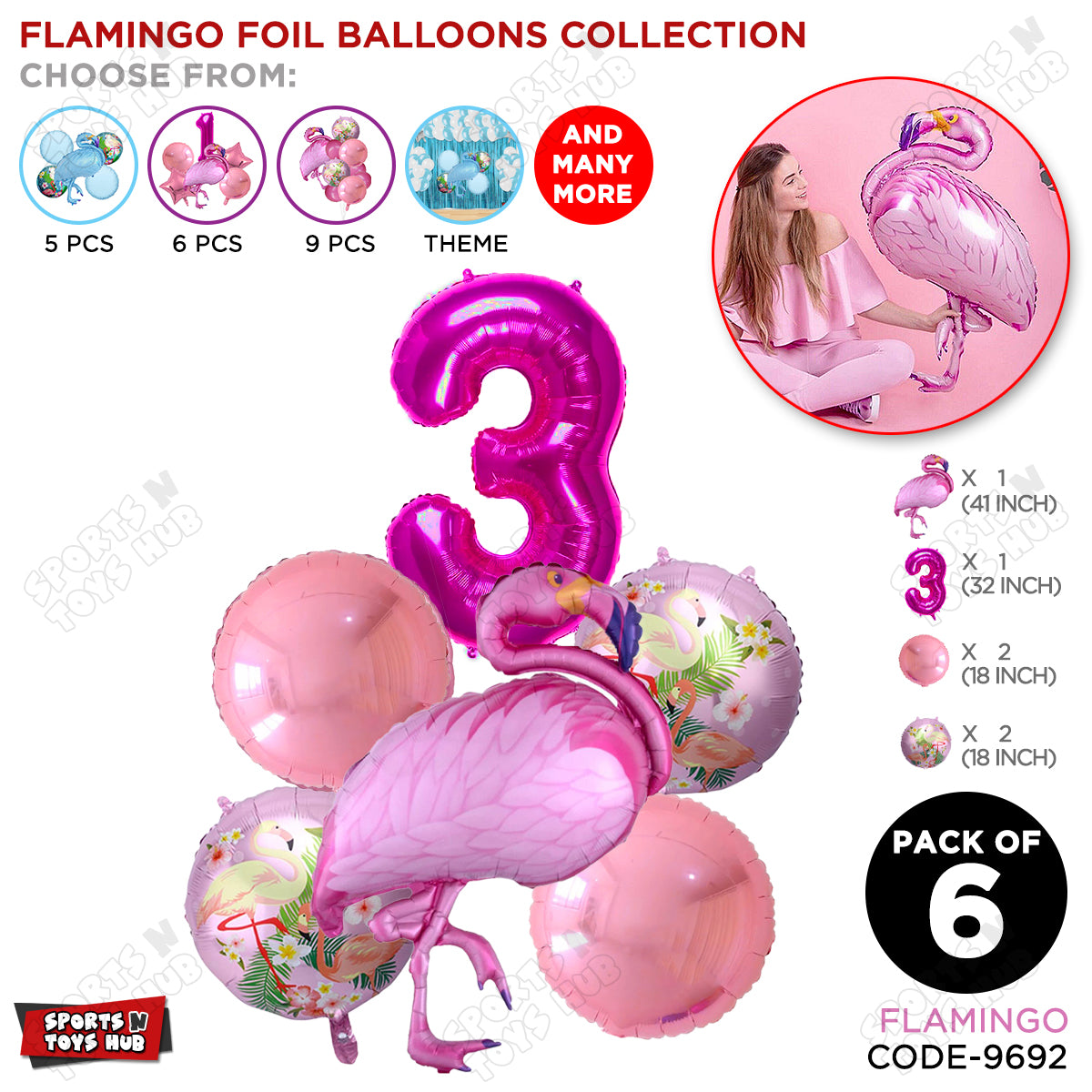 Flamingo Pack Of 6 Pink Color Foil Balloon Set