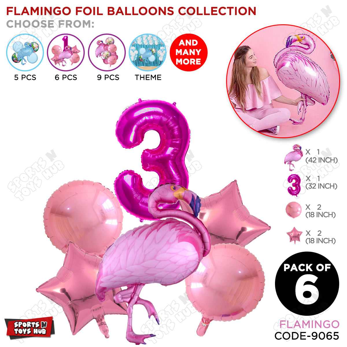 Flamingo Bird Pack Of 6 Pink Color Foil Balloon Set