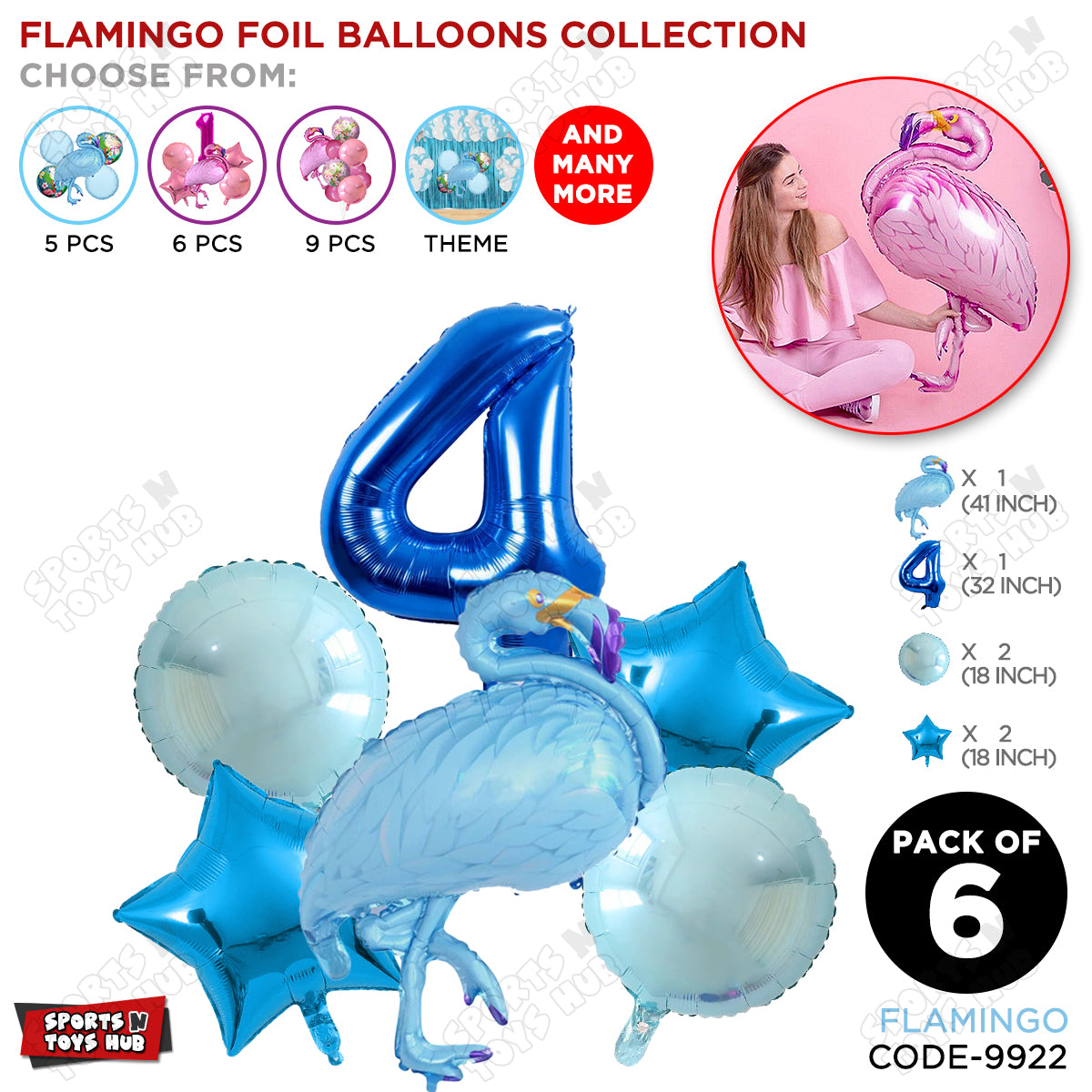 Flamingo Bird Pack Of 6 Blue Color Foil Balloon Set