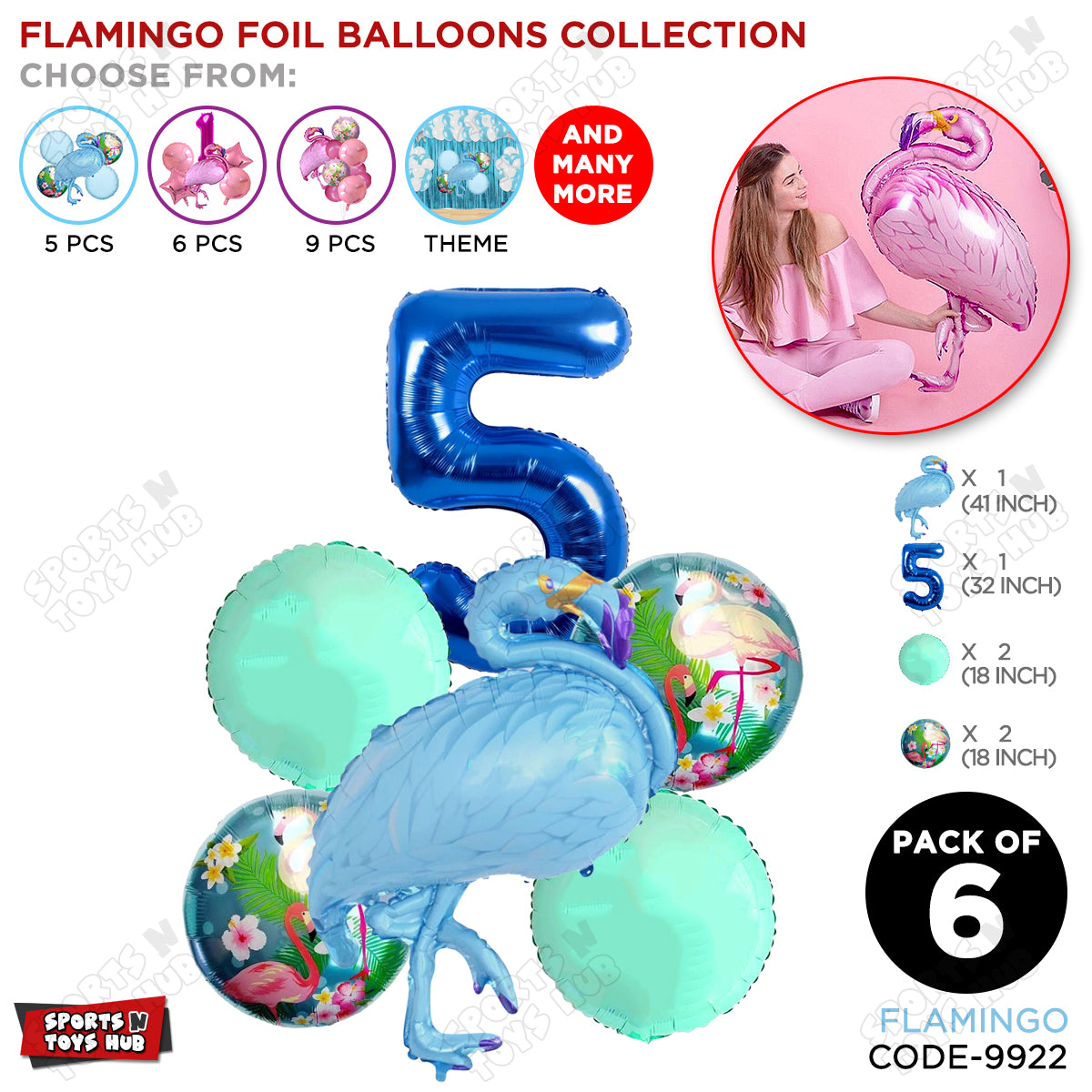 Flamingo Pack Of 6 Blue Color Foil Balloon Set