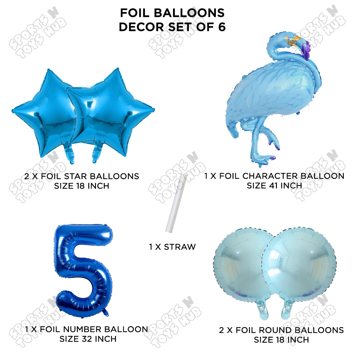 Flamingo Bird Pack Of 6 Blue Color Foil Balloon Set
