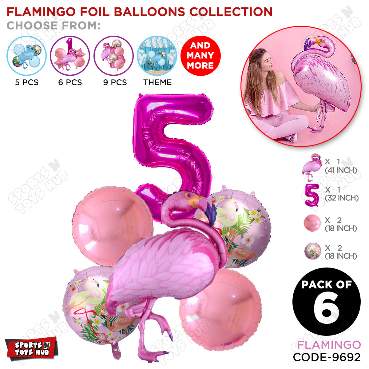 Flamingo Pack Of 6 Pink Color Foil Balloon Set