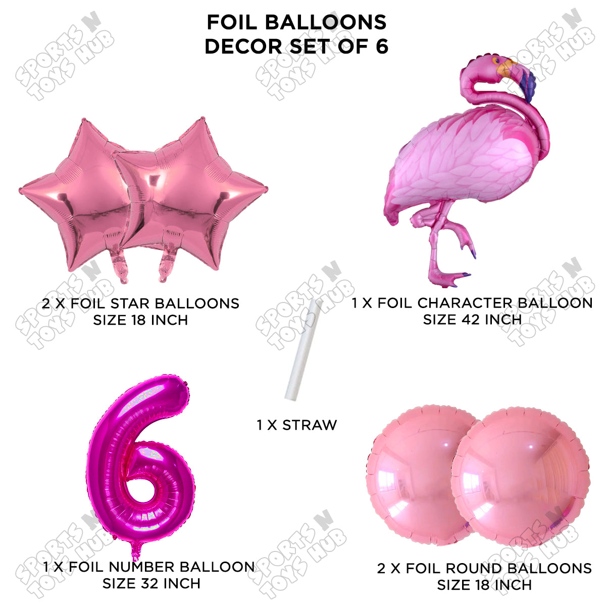 Flamingo Bird Pack Of 6 Pink Color Foil Balloon Set