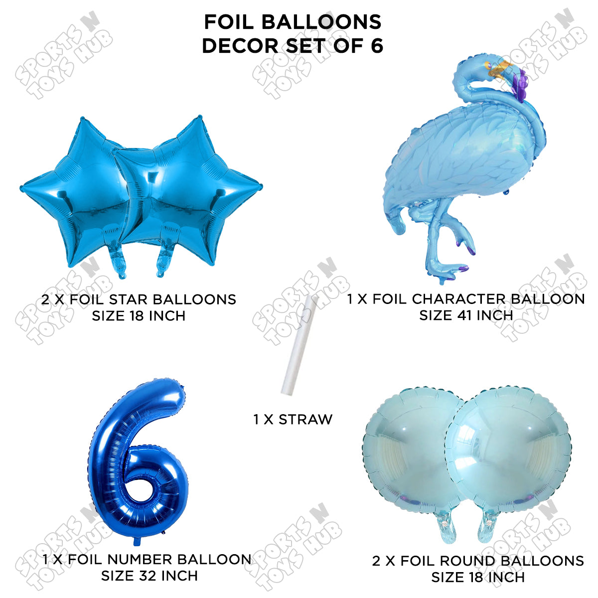 Flamingo Bird Pack Of 6 Blue Color Foil Balloon Set