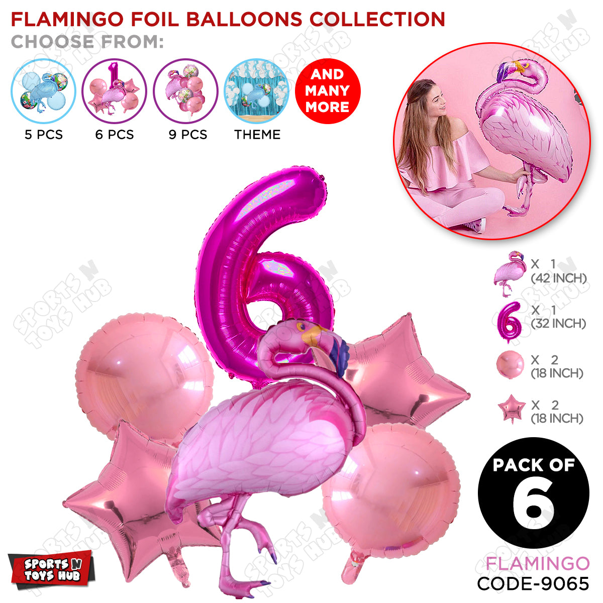 Flamingo Bird Pack Of 6 Pink Color Foil Balloon Set