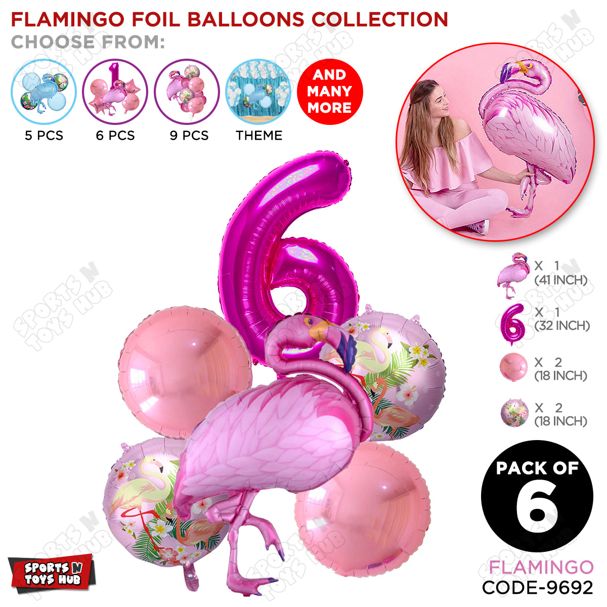 Flamingo Pack Of 6 Pink Color Foil Balloon Set