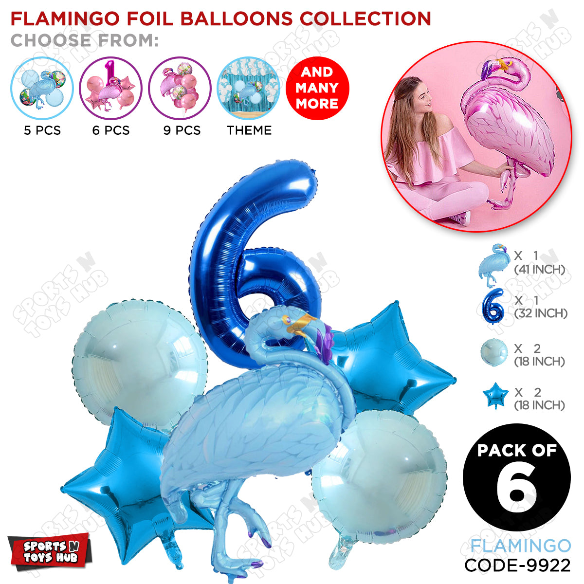 Flamingo Bird Pack Of 6 Blue Color Foil Balloon Set