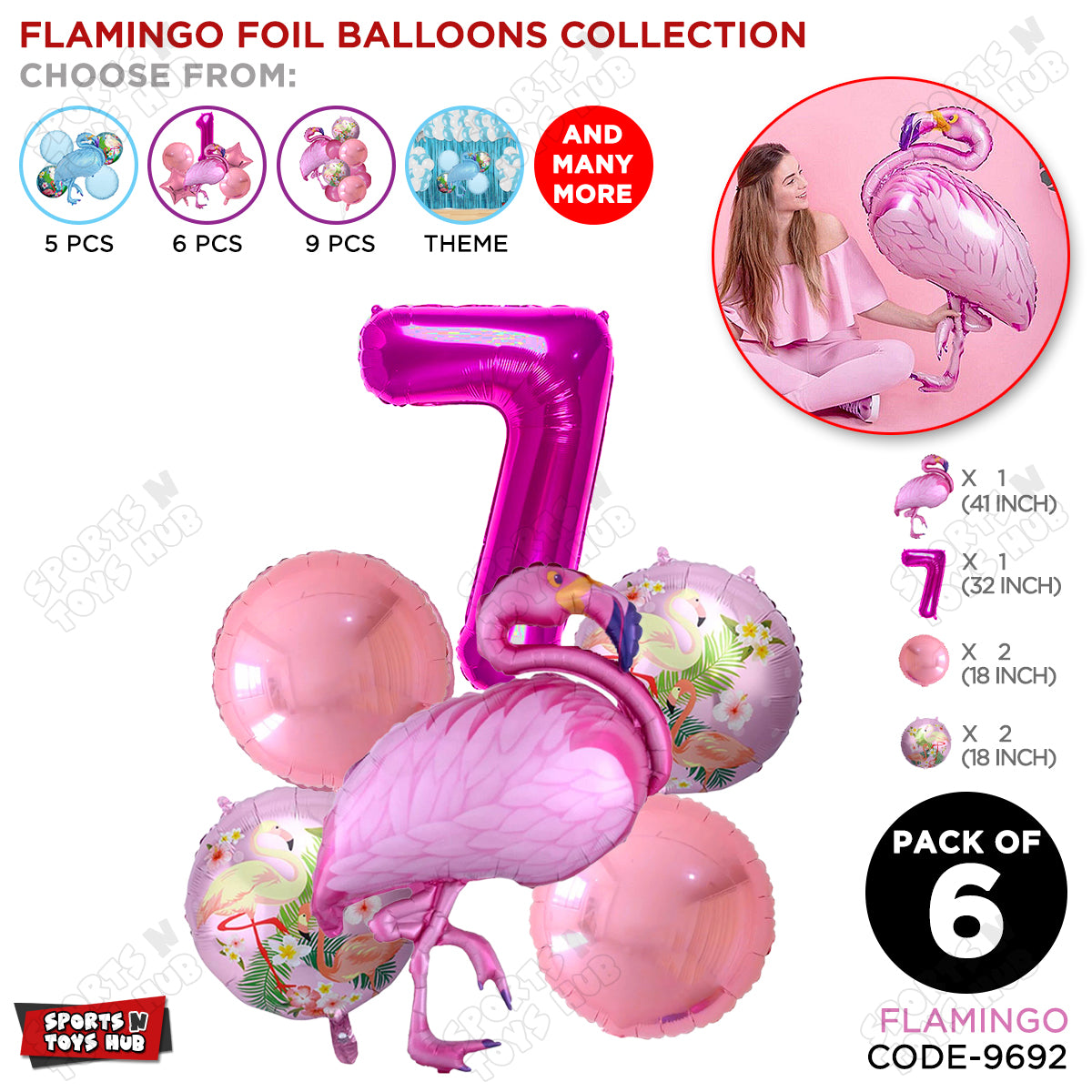 Flamingo Pack Of 6 Pink Color Foil Balloon Set