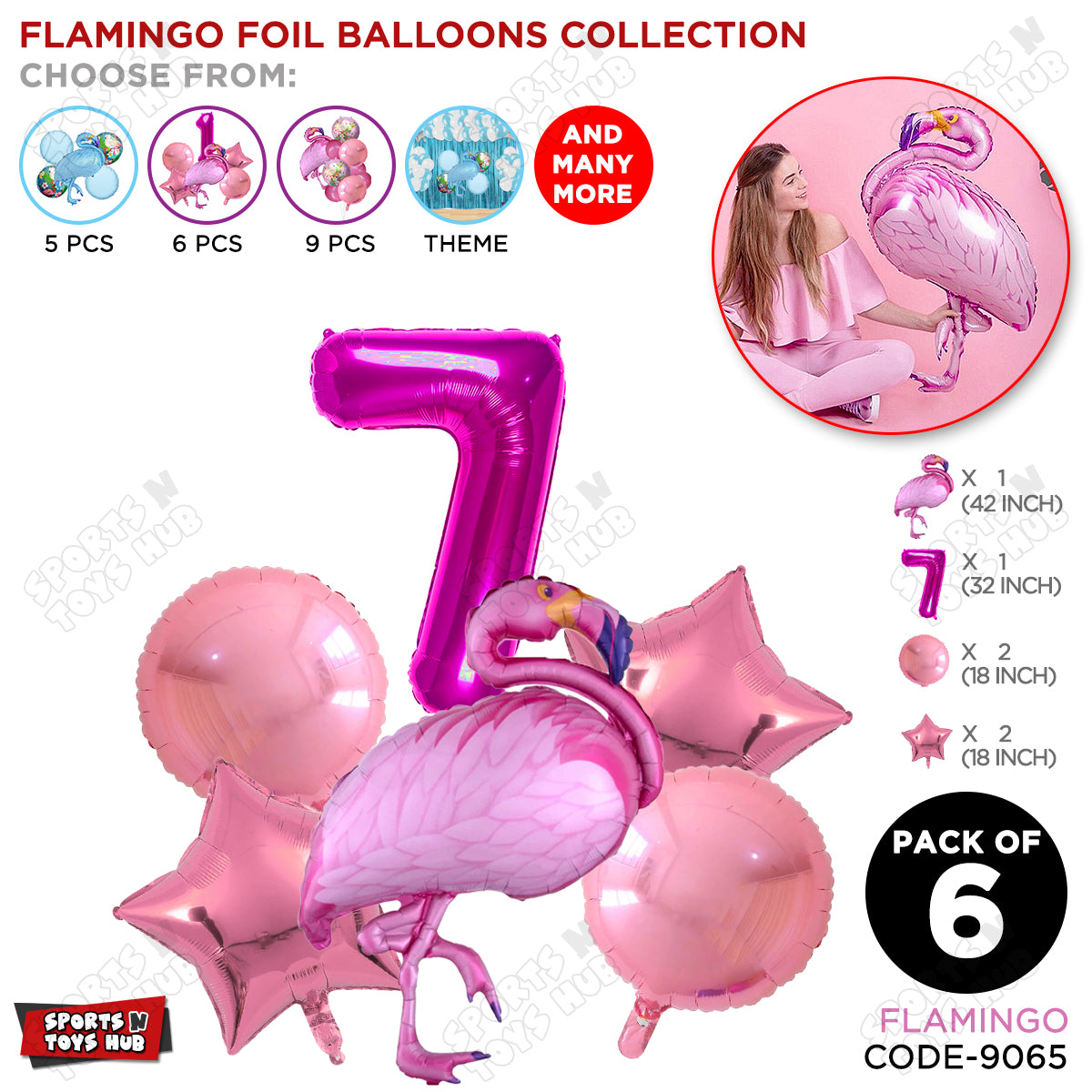 Flamingo Bird Pack Of 6 Pink Color Foil Balloon Set