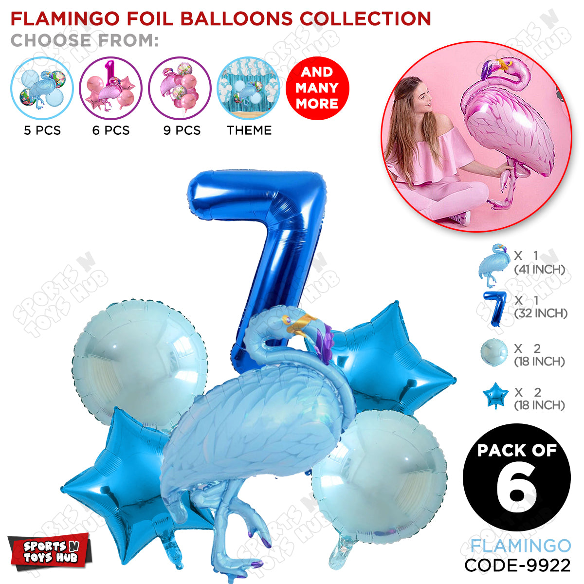 Flamingo Bird Pack Of 6 Blue Color Foil Balloon Set