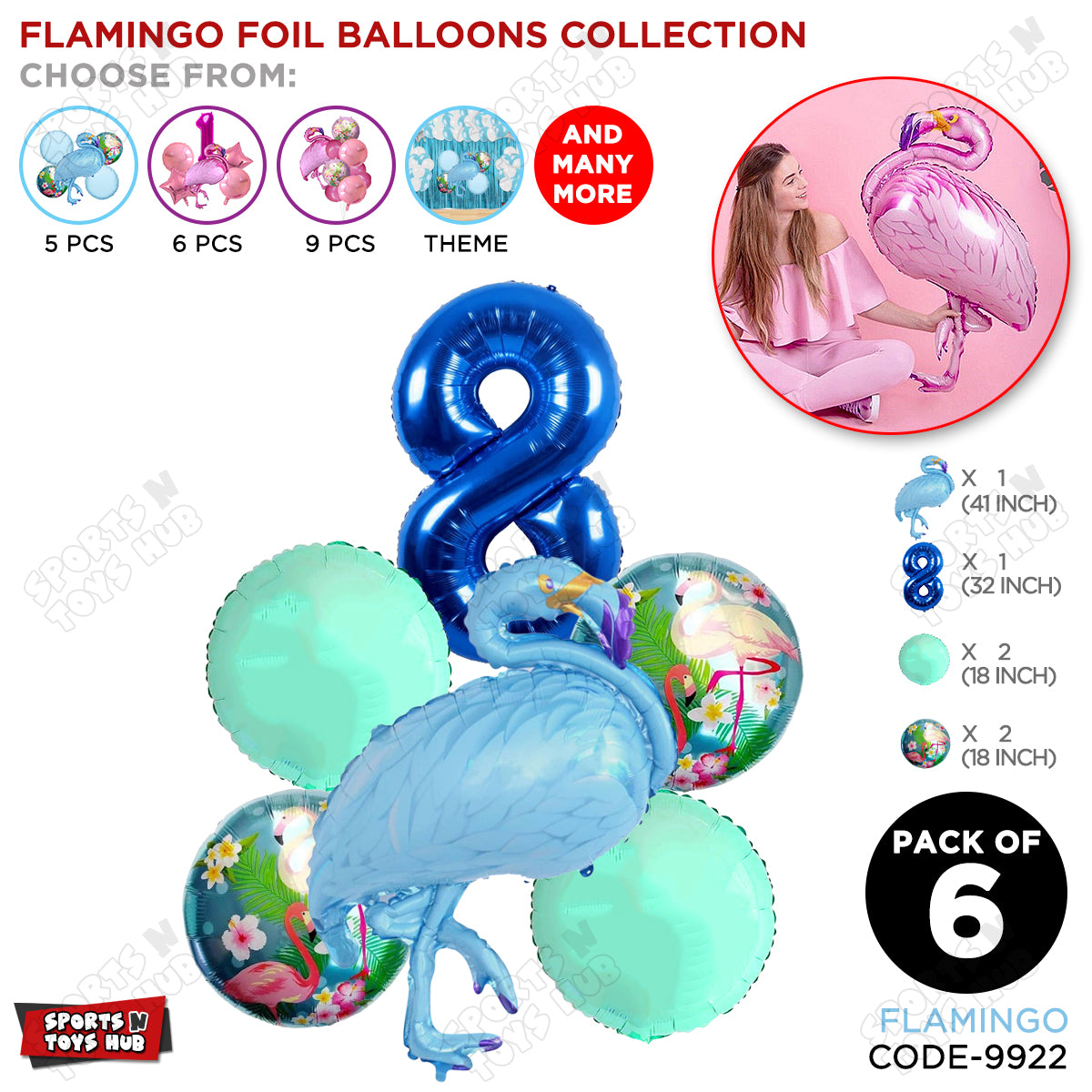 Flamingo Pack Of 6 Blue Color Foil Balloon Set