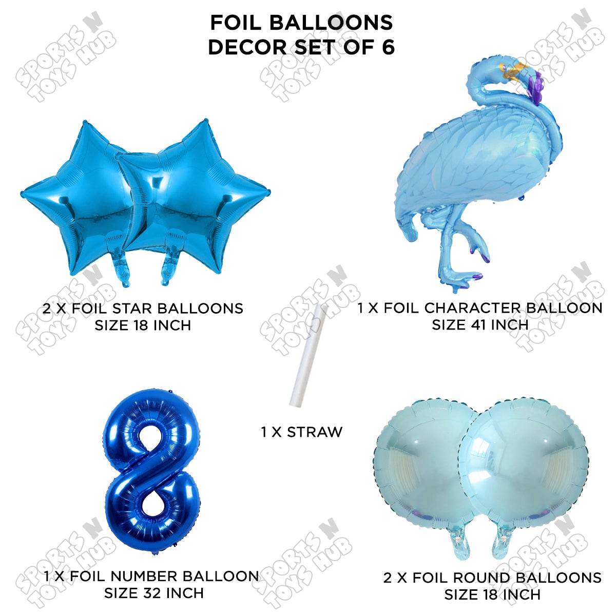 Flamingo Bird Pack Of 6 Blue Color Foil Balloon Set