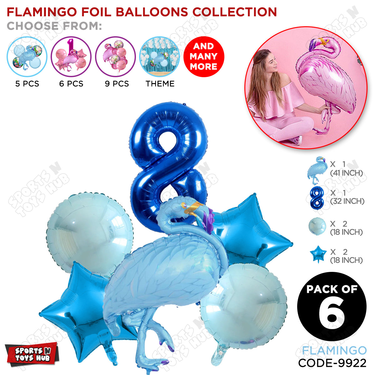 Flamingo Bird Pack Of 6 Blue Color Foil Balloon Set