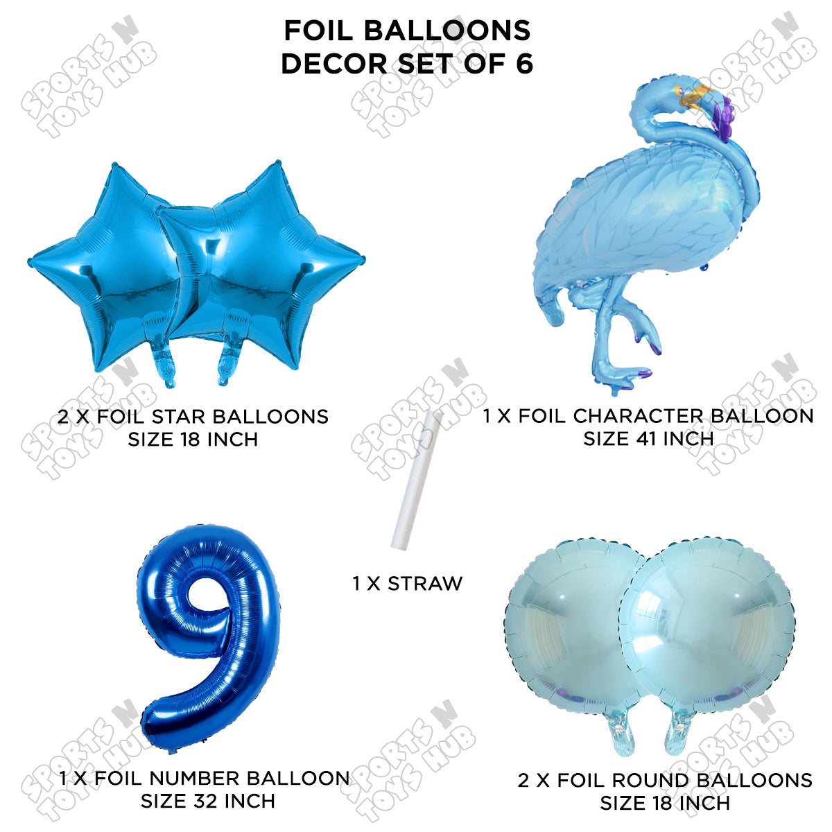Flamingo Bird Pack Of 6 Blue Color Foil Balloon Set
