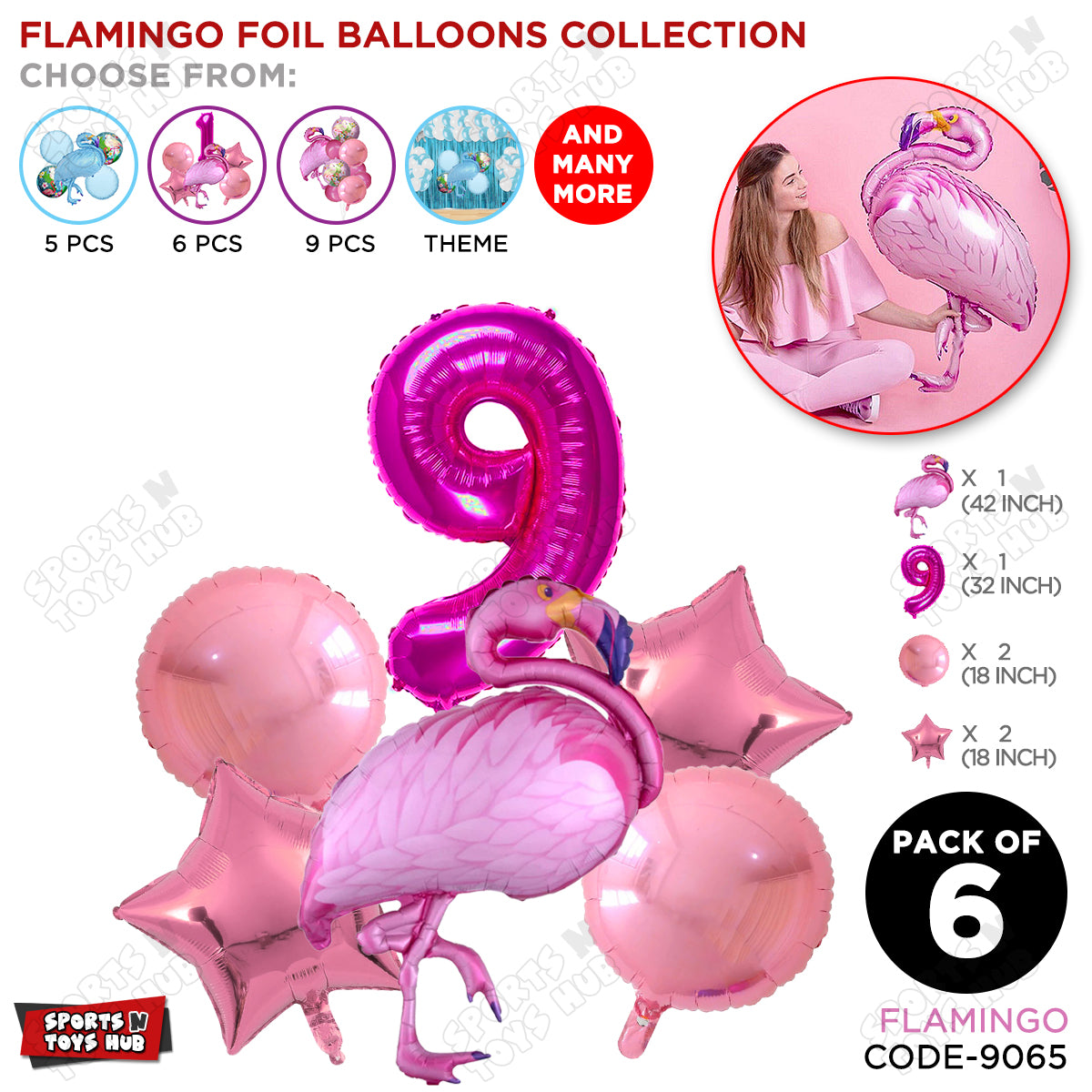 Flamingo Bird Pack Of 6 Pink Color Foil Balloon Set