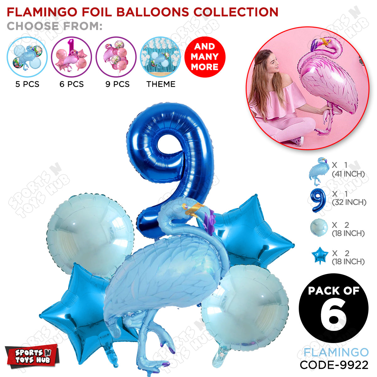 Flamingo Bird Pack Of 6 Blue Color Foil Balloon Set