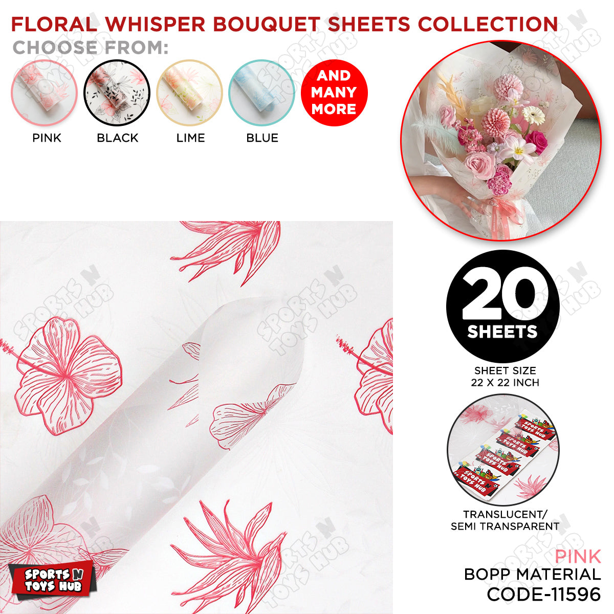Floral Whisper Subtle Printed Transparent Translucent Florist Wrapping Sheets - 20 Sheets