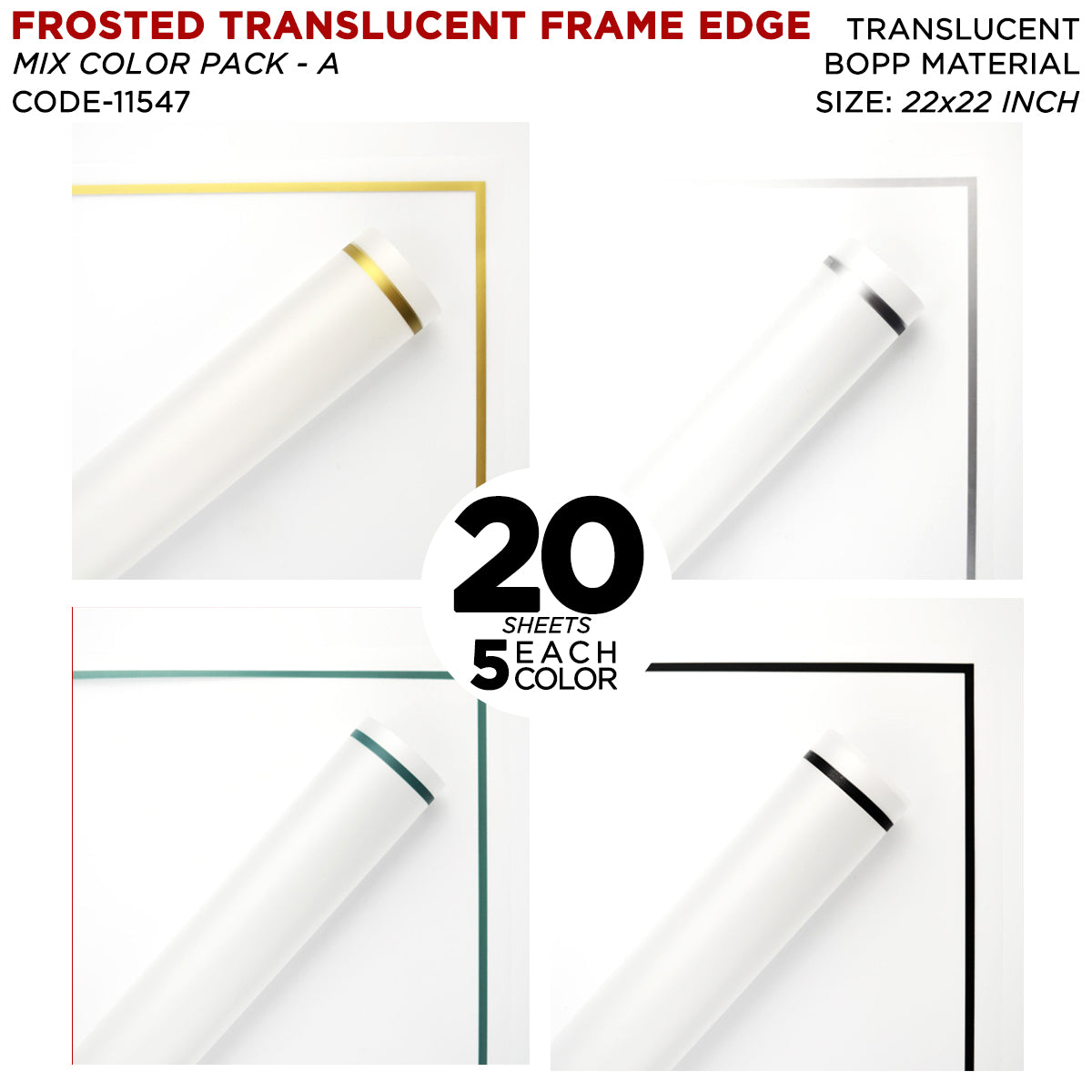 Frosted Translucent Frame Edge Bouquet Flower Sheet - Mix Color 20 Sheet Pack - Wrapping Sheets for Flower Bouquets