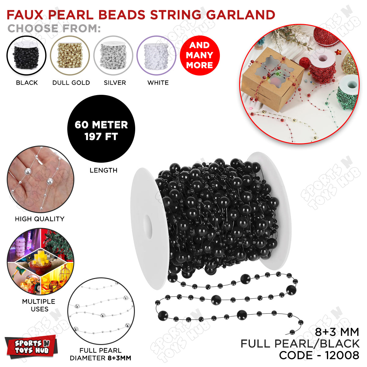 Faux Pearl Beads String Garland 60 Meter – 8+3mm Pearl Bead Chain | Decorative Garland for Wedding, Birthday, Party, Gift Wrapping, Floral Arrangements & DIY Crafts