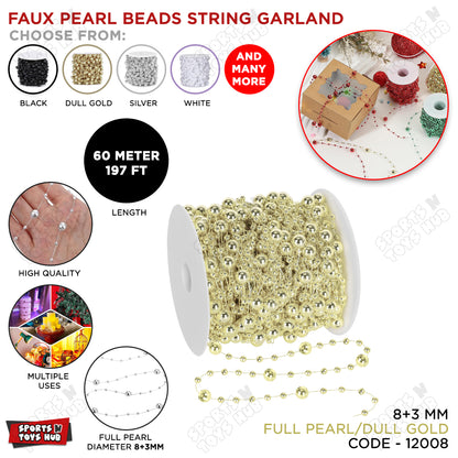 Faux Pearl Beads String Garland 60 Meter – 8+3mm Pearl Bead Chain | Decorative Garland for Wedding, Birthday, Party, Gift Wrapping, Floral Arrangements & DIY Crafts