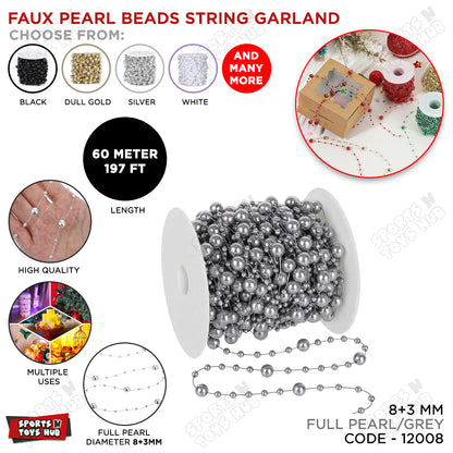 Faux Pearl Beads String Garland 60 Meter – 8+3mm Pearl Bead Chain | Decorative Garland for Wedding, Birthday, Party, Gift Wrapping, Floral Arrangements & DIY Crafts