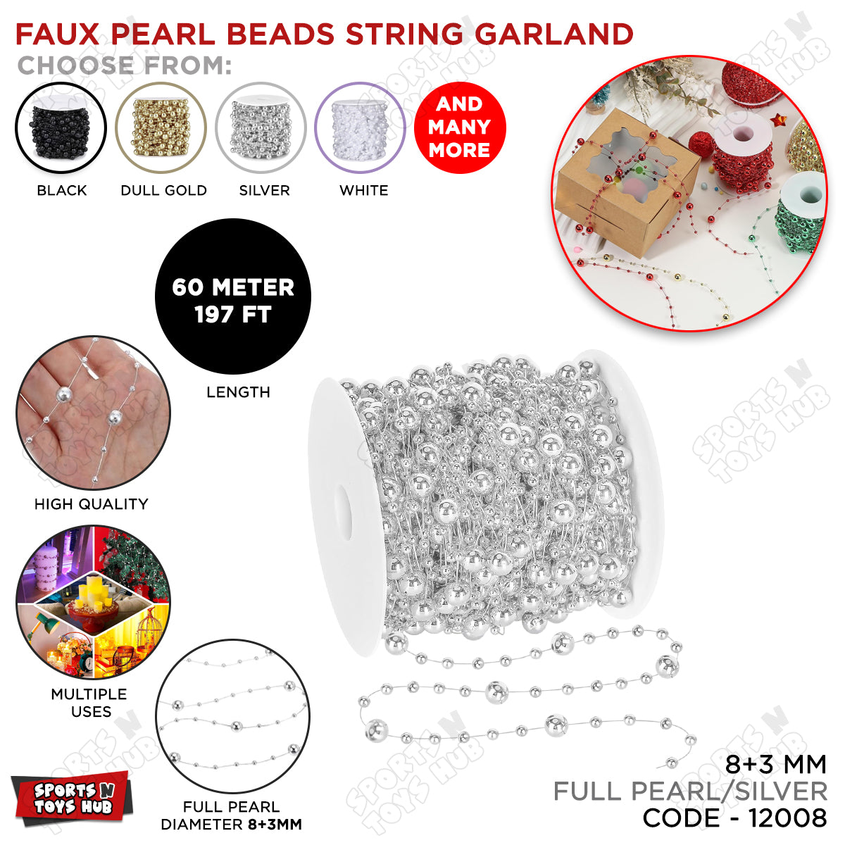 Faux Pearl Beads String Garland 60 Meter – 8+3mm Pearl Bead Chain | Decorative Garland for Wedding, Birthday, Party, Gift Wrapping, Floral Arrangements & DIY Crafts