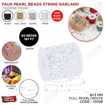 Faux Pearl Beads String Garland 60 Meter – 8+3mm Pearl Bead Chain | Decorative Garland for Wedding, Birthday, Party, Gift Wrapping, Floral Arrangements & DIY Crafts