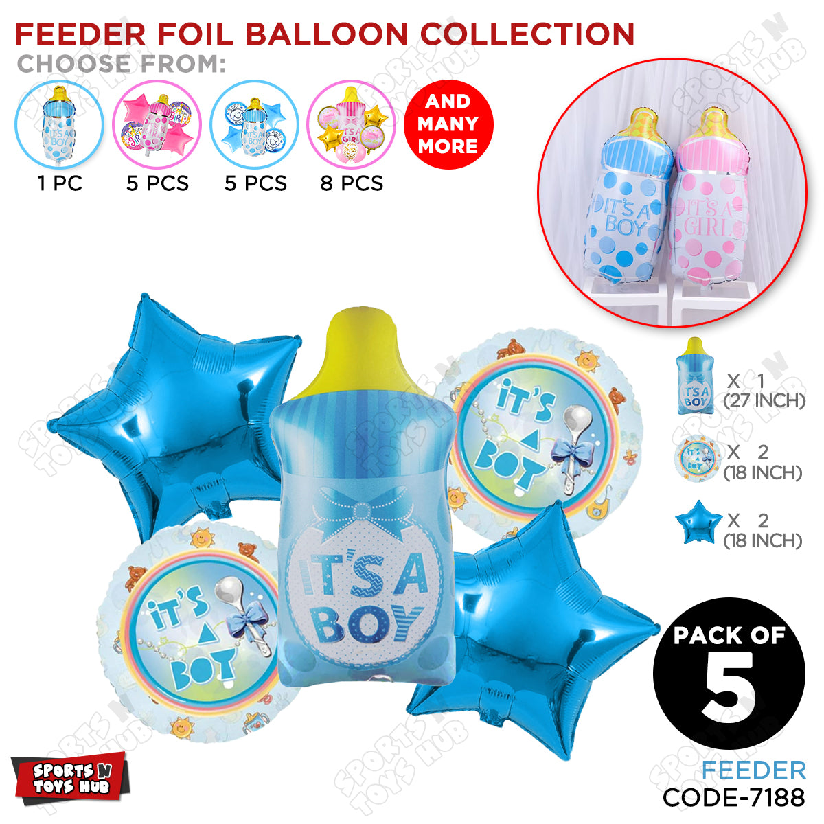 Baby Boy Feeder Foil Balloon - Pack Of 5