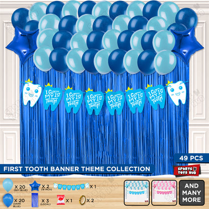 I Got My First Tooth Card Banner Curtain Theme - Blue