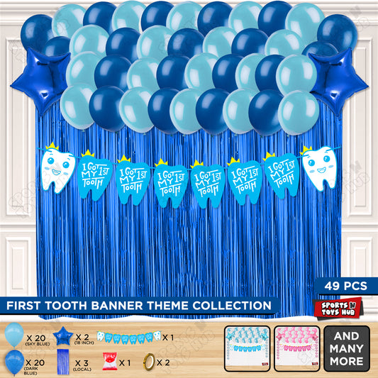 I Got My First Tooth Card Banner Curtain Theme - Blue
