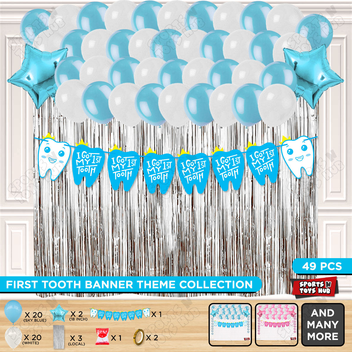 I Got My First Tooth Card Banner Curtain Theme - Blue