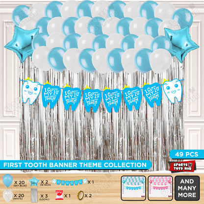 I Got My First Tooth Card Banner Curtain Theme - Blue