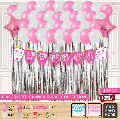 I Got My First Tooth Card Banner Curtain Theme - Pink