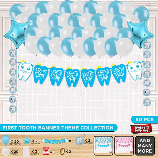 I Got My First Tooth Card Banner Rectangle Curtain Theme - Blue