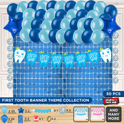 I Got My First Tooth Card Banner Rectangle Curtain Theme - Blue