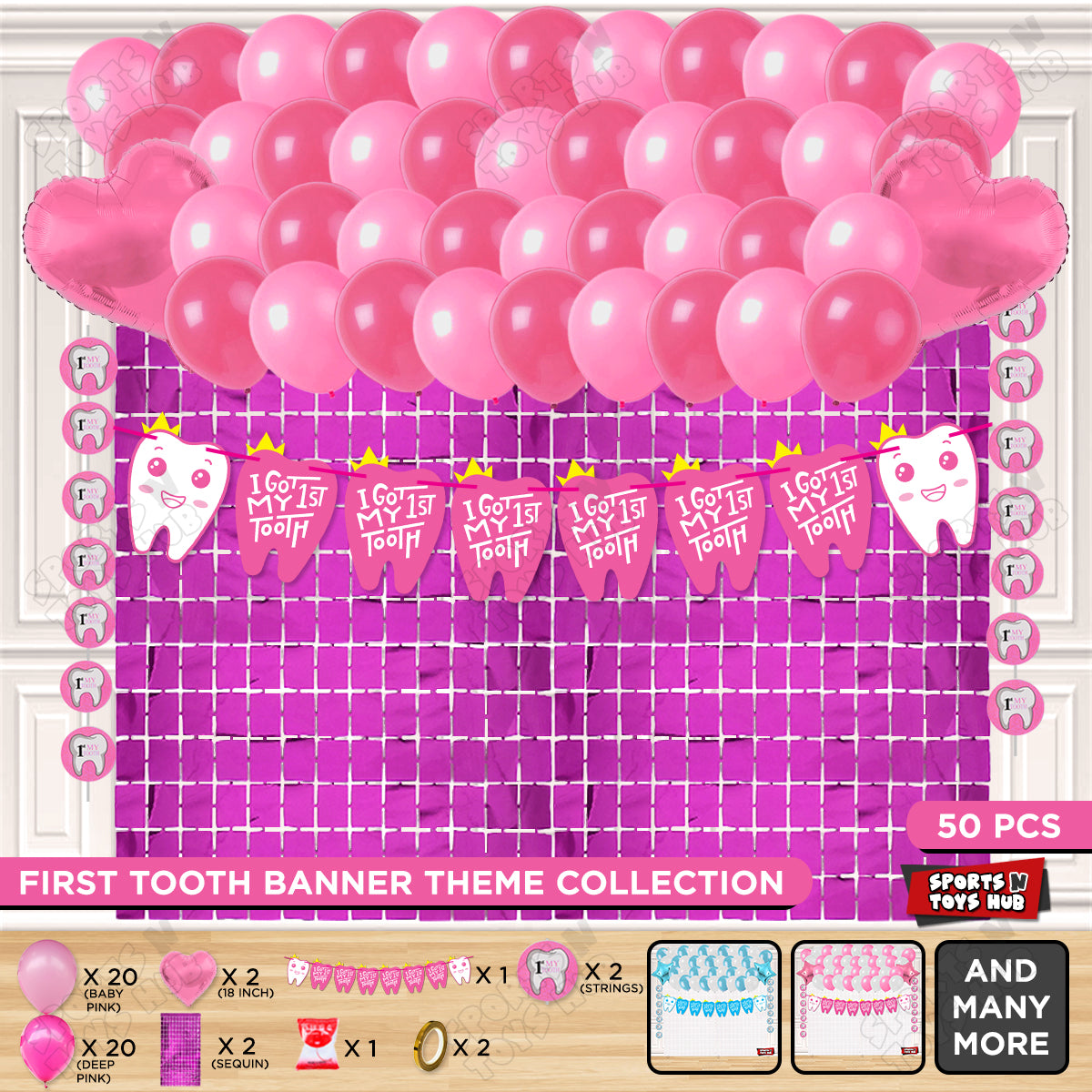 I Got My First Tooth Card Banner Rectangle Curtain Theme - Pink
