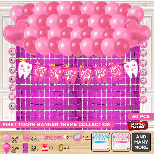 I Got My First Tooth Card Banner Rectangle Curtain Theme - Pink