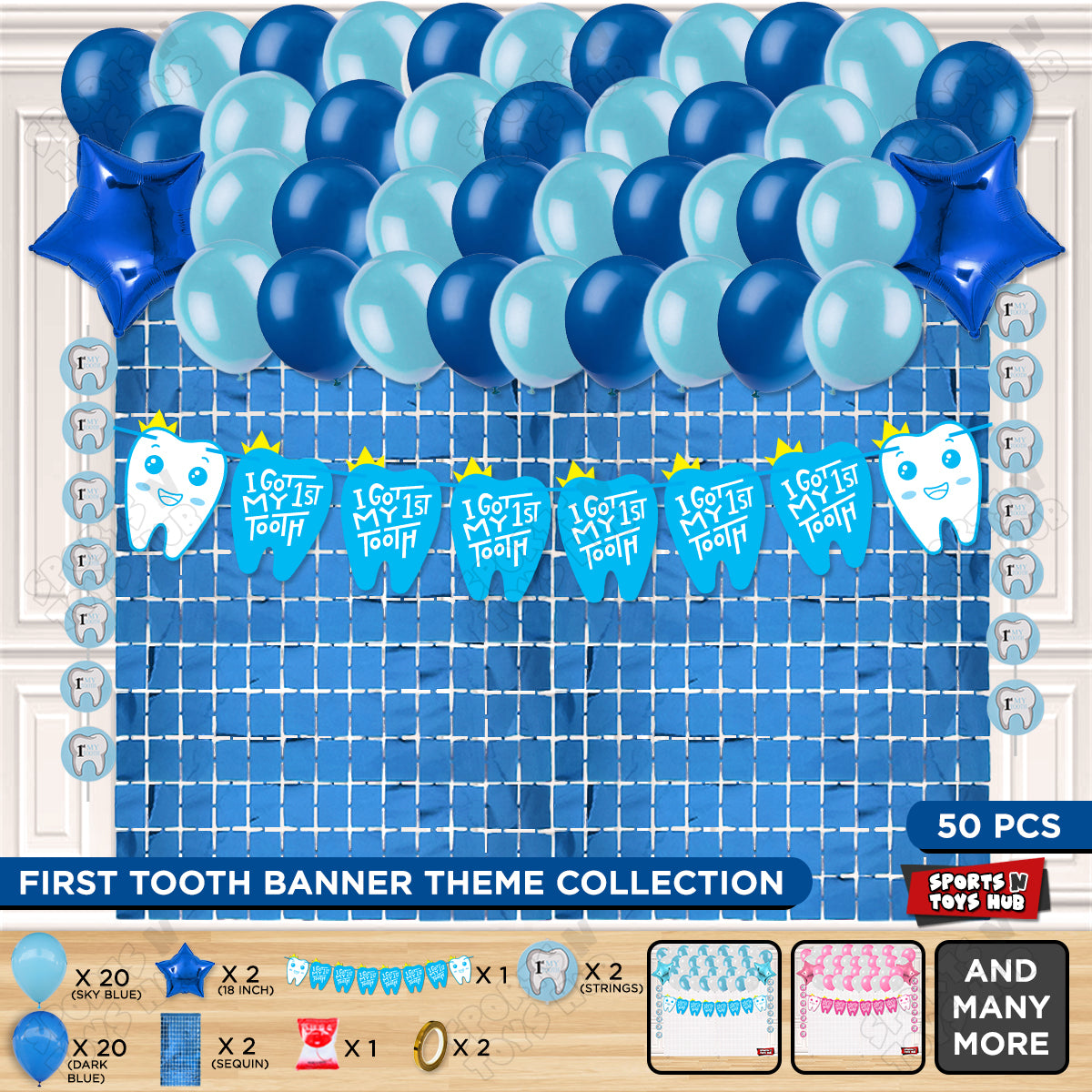 I Got My First Tooth Card Banner Rectangle Curtain Theme - Blue