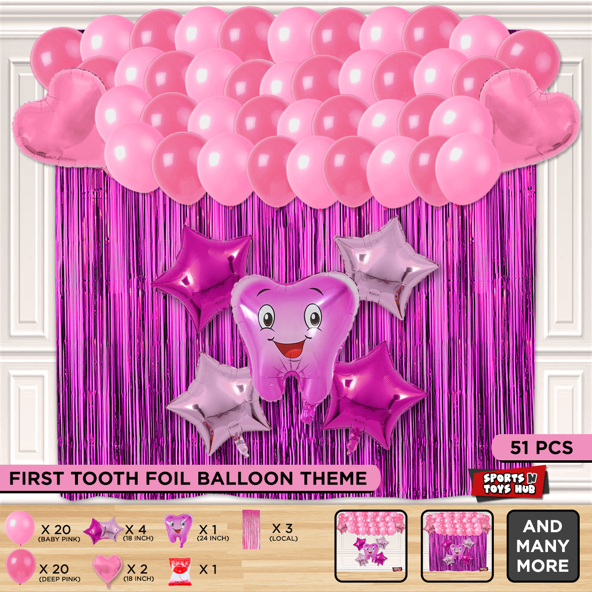 First Tooth Foil Balloon Theme With Curtain - Pink