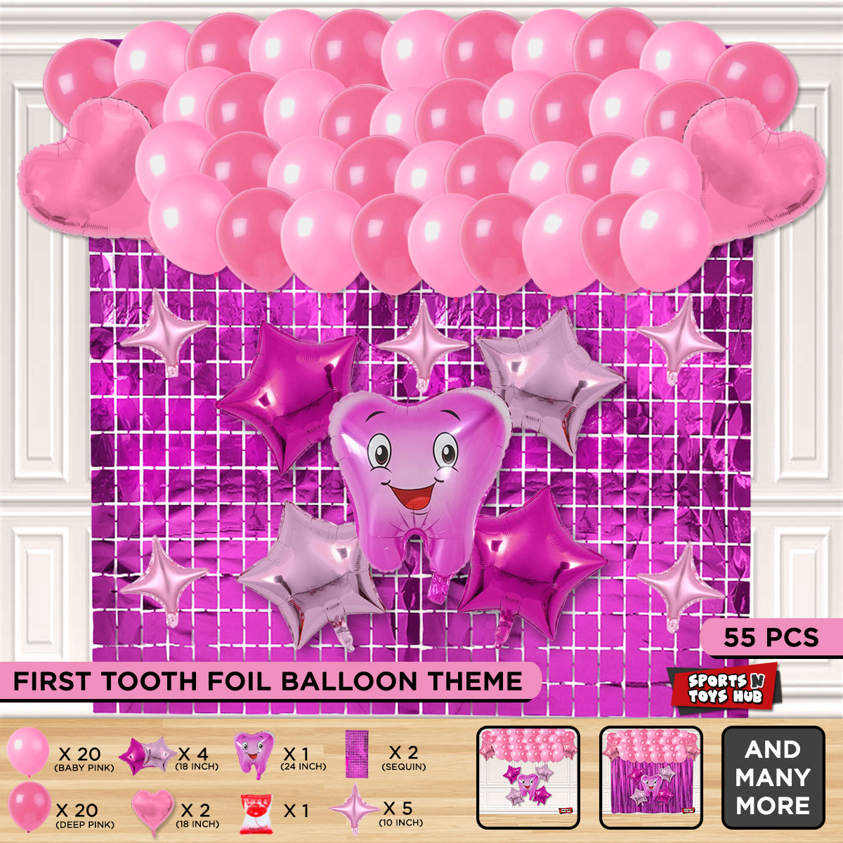 First Tooth Foil Balloon Theme With Rectangle Curtain - Pink