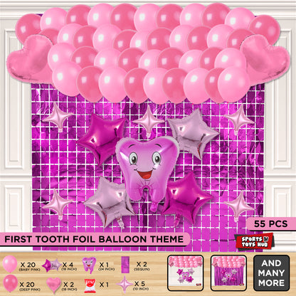 First Tooth Foil Balloon Theme With Rectangle Curtain - Pink