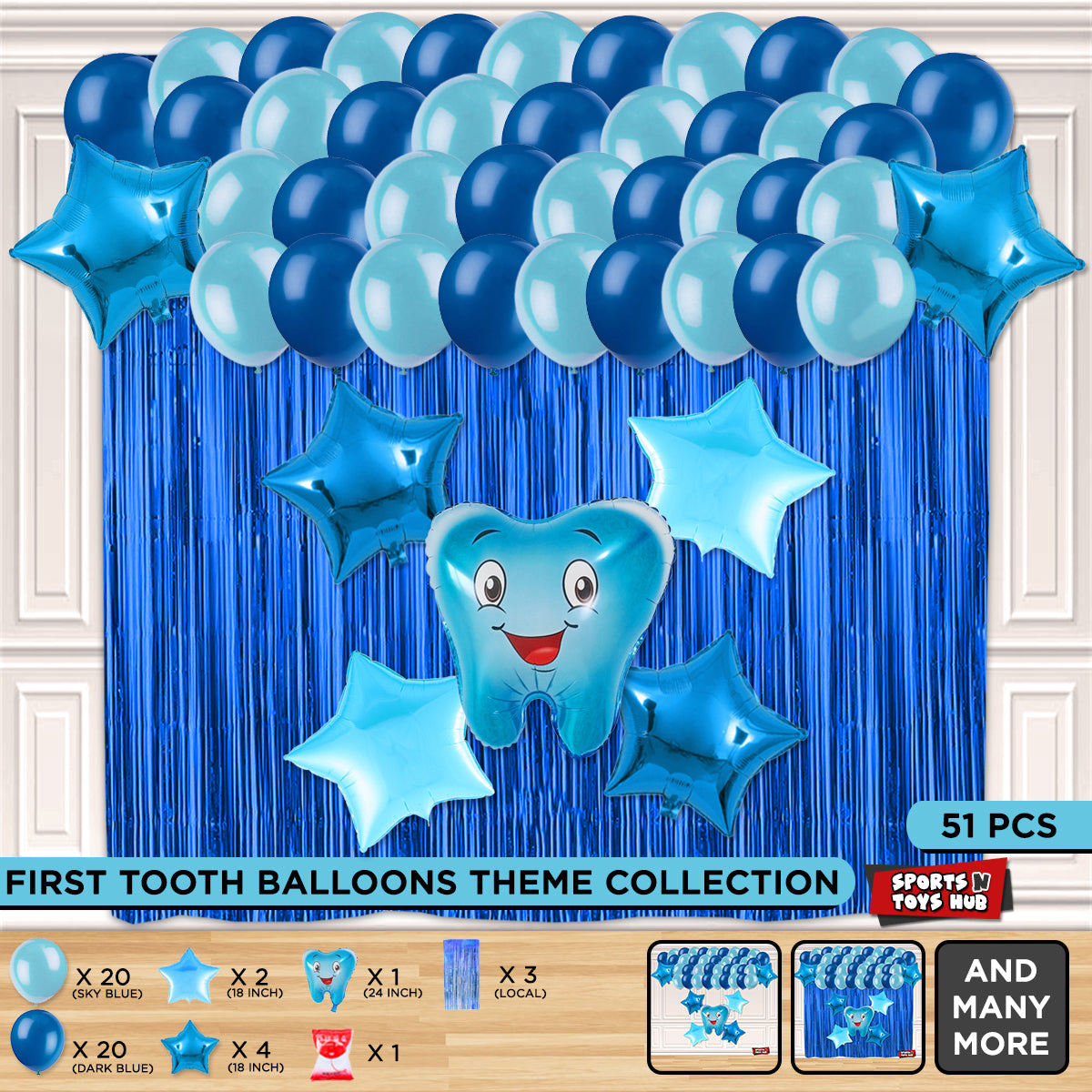 First Tooth Foil Balloon Theme With Curtain - Blue