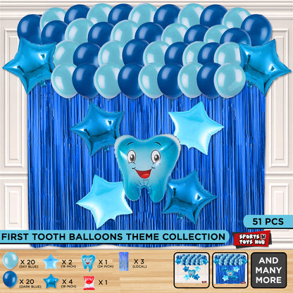 First Tooth Foil Balloon Theme With Curtain - Blue