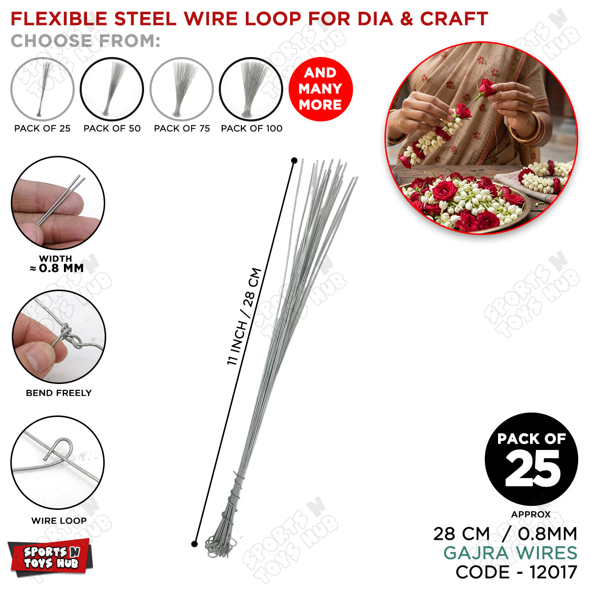 11 Inch Flexible Steel Gajra Wire Loops – Pack of 25 | 0.8 MM Bendable Metal Craft Wires for Floral Jewelry Making, Artificial Flower Garlands, Bridal Gajra, Wedding Mehndi Decorations, DIY Flower Arrangements & Arts and Crafts Supplies